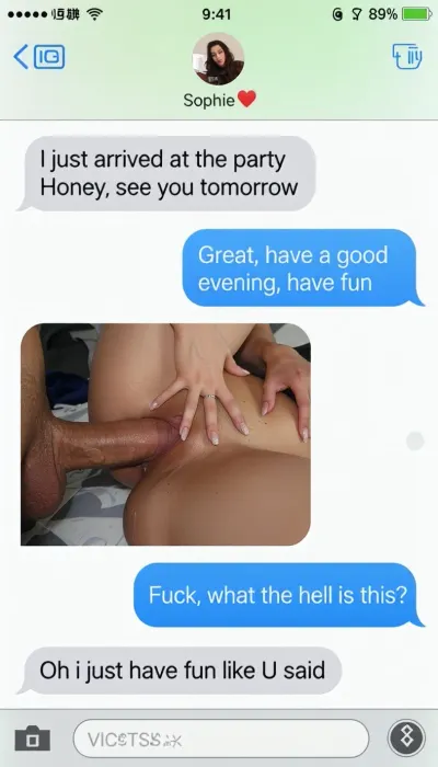 score_9, score_8_up, score_7_up, realistic iPhone Messages screenshot, iOS chat interface, top status bar, (time 9:41), battery 89%, conversation with "Sophie❤️", first message on the left, "I just arrived at the party Honey, see you tomorrow", second message on the right, "Great, have a good evening, have fun", third message is a small explicit picture, (very close-up explicit erotic penetration scene), extremely detailed photorealistic style, a large thick veiny rock-hard erect penis is deeply penetrating a woman’s very large wide puffy and wet pussy, fourth message on the right, "Fuck, what the hell is this?", fifth message on the left, "Oh i just have fun like U said", pierced clitoris, perfect body, perfect hands, perfect 5 fingers, perfect legs, perfect feet, perfect face, perfect mouth, perfect eyes, generate 8k detailed picture, UHD, TTSR2, enchantement, high res, improve rendering quality and accuracy, ultra-realistic with high detail, professional photography, high detail, maximum resolution, best photo quality, Djaissy, improve anatomy, improve generation quality, improve detailed image quality, sharp image, lifelike texture, NSFW picture
