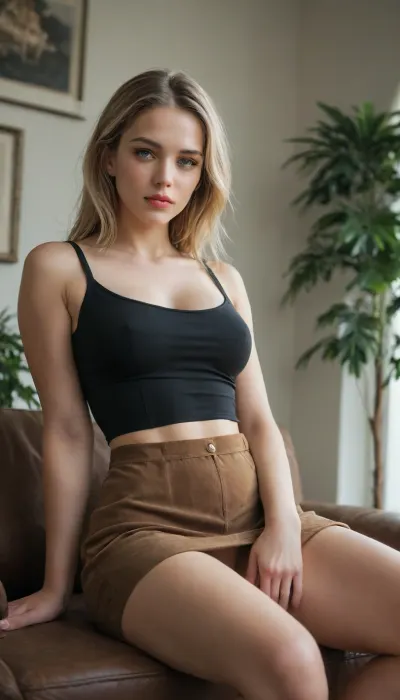 A striking blonde woman reclines confidently in a foreground chair, her presence commanding the frame. She wears a fitted black top that accentuates her figure and a rich brown leather skirt that catches the light. Her expression is self-assured and alluring, a deliberate pose of seductive power. The setting is a softly lit room, where a potted plant adds a touch of organic greenery against a muted, intimate backdrop. The mood is sensual and captivating, with a tension between vulnerability and control. Shot from a slightly low angle to emphasize her dominance, the composition draws the eye directly to her. The artistic style blends glamour photography with a painterly realism. Dominant colors are deep blacks, warm browns, and soft skin tones. Lighting is dramatic and directional, casting gentle shadows that sculpt her form and highlight the texture of the leather.