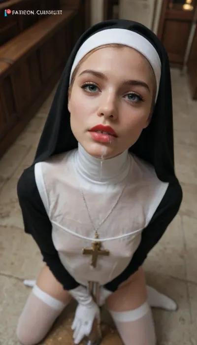 One girl, nun, red lipstick, (cum on lips), flat chest, wet white cassock, (wet clothes), white stocking, tight hips, in church, dancing around pole, view from above, face focus