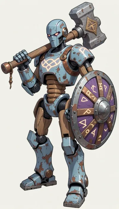 fantasy art, illustration, line art, color drawing, humanoid medieval fantasy robot made from wood, copper and iron, arcene glowing runes carved in the robot, holding a large mallet like warhammer, a round cog like shield strapped to the left arm of the robot, old battered and worn robot, painted in pale blue and purple colors, paint worn and chipped