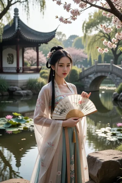 beautiful Chinese woman holding a traditional silk hand fan, standing in a serene traditional Chinese park. She is wearing an elegant hanfu dress. In the background, there is a scenic view with a traditional pavilion, a stone bridge over a quiet pond with lotus flowers, and blooming cherry blossoms. Soft morning sunlight filtering through the trees, creating a peaceful and poetic atmosphere. Highly detailed, cinematic lighting, 8k resolution