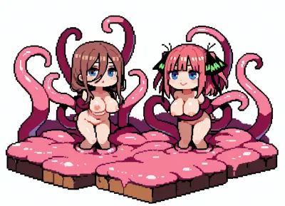 Cute, pixel art, 16 bit art, nude, tentacle sarcophagi, pink tentacles, 2 girls, Nino Nakano, Miku Nakano, chibi style, tied tentacles, tentacle mass, white background