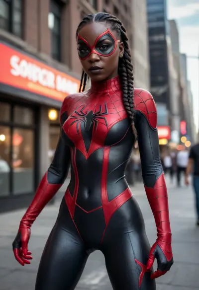 8k, best quality, (masterpiece), (intricate details), (cowboy shot), ((side view)), super sexy 25 year old Black woman dressed as a female Spider-Man, ((black skin:1.5)), long braided black hair, authentic red, and blue 190s era Spider-Man costume, (small black eye mask), brown eyes, perfect face, detailed eyes, sexy, mysterious, ((small round breasts)), narrow hips, muscular legs, tight round ass, red boots, perfect lighting, high detail, octane render, (full-body shot from a distance), in the center of a busy New York City street, action pose