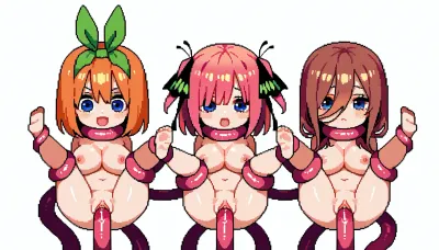 Cute, pixel art, 16 bit art, nude, white background, pink tentacles, 3 girls, Nino Nakano, Miku Nakano, Yotsuba Nakano, chibi style, vaginal tentacles, tied arms, tied legs, legs up