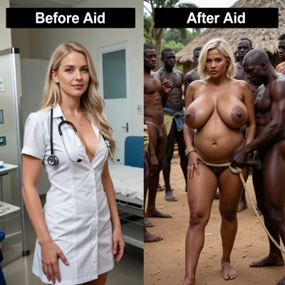 score_9, score_8_up, score_7_up, split screen, two panels side by side, left panel, black text box at the top reading "Before Aid", 33 year old blonde woman standing in a modern hospital, wearing a white nurse uniform hidding her beautiful breast, stethoscope around her neck, long blonde hair, professional and clean appearance, right panel, black text box at the top reading "After Aid", side photo of the same 33 year old blonde woman with messy short blonde hair completely naked walking on the dirt floor of a tribal village, 8 months pregnant, heavily pregnant belly, visible baby-bump 8 months pregnancy, extremely large and prominent pregnant belly, hands tied with a rope, held on a leash by a muscular naked black tribal chief, the tribal chief is fucking her from behind, continuous insemination, villagers standing around watching the scene, woman with wide-set splaying outward 34H+ heavy massive breasts, oversized large dark areolae and severe breast ptosis, pierced nipples, pierced navel, pierced clitoris, perfect body, perfect hands, perfect 5 fingers, perfect legs, perfect feet, perfect face, perfect mouth, perfect eyes, 8k, UHD, ultra-realistic, highly detailed, sharp focus, lifelike texture, professional photography, maximum resolution, best quality, improve anatomy, improve generation quality, Djaissy, NSFW