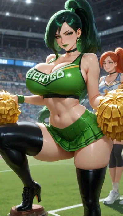 Kim Possible and Shego, (from *Kim Possible*), hyper-sexualized and ultra-voluptuous, depicted as ultra-slutty cheerleaders in a top-quality, ultra-realistic, semi-photorealistic anime style.

Kim Possible, long red hair in a high ponytail, green eyes, a confident yet extremely horny expression. Shego, long black hair with a green streak, an arrogant and perverted expression.

Both with ultra-busty bodies, huge, heavy, round, bouncing breasts, narrow waists, and massive, juicy asses.

Dressed as ultra-slutty cheerleaders, tight crop tops leaving their breasts nearly exposed, hiked-up microscopic pleated skirts, visible thin thongs, pom-poms, and thigh-high socks.

Ultra-horny group pose, both standing on a football field, bodies pressed and rubbing against each other, huge breasts squashed together, asses stuck out, one lifting a leg while the other leans forward, holding pom-poms, giving seductive looks to the camera with perverted smiles. Warm, sunny lighting. Ultra-detailed, realistic, heavy jiggle physics for breasts and asses, hyper-realistic textures of glowing, smooth skin, 8K, masterpiece, highest possible quality.