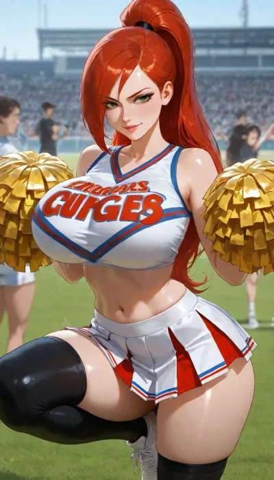 Kim Possible and Shego, (from *Kim Possible*), hyper-sexualized and ultra-voluptuous, depicted as ultra-slutty cheerleaders in a top-quality, ultra-realistic, semi-photorealistic anime style.

Kim Possible, long red hair in a high ponytail, green eyes, a confident yet extremely horny expression. Shego, long black hair with a green streak, an arrogant and perverted expression.

Both with ultra-busty bodies, huge, heavy, round, bouncing breasts, narrow waists, and massive, juicy asses.

Dressed as ultra-slutty cheerleaders, tight crop tops leaving their breasts nearly exposed, hiked-up microscopic pleated skirts, visible thin thongs, pom-poms, and thigh-high socks.

Ultra-horny group pose, both standing on a football field, bodies pressed and rubbing against each other, huge breasts squashed together, asses stuck out, one lifting a leg while the other leans forward, holding pom-poms, giving seductive looks to the camera with perverted smiles. Warm, sunny lighting. Ultra-detailed, realistic, heavy jiggle physics for breasts and asses, hyper-realistic textures of glowing, smooth skin, 8K, masterpiece, highest possible quality.