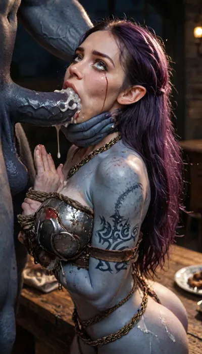 female drow elf barbarian, (dark night blue skin:1.82), tall, angry, busty, curvy, thin waist, big boobs, big butt, slim, fit, vitiligo, strong, (wearing Drizzt Do'Urdens armor, with bear fur pelt, dungeons and dragons inspired chainmail, purplish blue skin, black and purple hair, Dark, Elf, Warrior, Drow, tattooed, scarred, purple eyes, uberfit, muscular, blue skin, amazon, giant, fur barbarian armor, bloody, blood spatter, bear, bear heart), Dark, Elf, Warrior, Drow, tattooed, scarred, purple eyes, blue skin, amazon, giant, fur barbarian armor, bloody, blood spatter, bear, bear heart, zavy-brbrn, defeating a woman in combat, fighting, killing, blood, winning fight, (cock in mouth:1.6), (huge penis:1.18), (deep deepthroat:1.3), (a lot of cum on her face, bukkake:1.5), (((black hair))), (((very long hair))), (gorgeous face:1.3), magazine cover, Realism_Quality_2xx_By_Stable_Yogi, score_9, score_8_up, score_7_up, (((very pretty face:1.3))), (((extremely ultra detailed face:1.3))), perfect fingers and hands, upper body view, (extreme size difference:1.6), (ultra realistic), (maximum quality), (high resolution), (extreme detail), (ultra realism), UHD, super high quality, highly detailed, high resolution, perfect lighting, natural lighting, Uber realistic, ultra detailed, masterpiece, 35mm photograph, film, professional, 4k, hdr, photographic, ultra realistic, ultra high details, back light, (man is choking her from behind:1.4), ((hogtied, bound with large chains, tied to a torture table:1.3)), cock in mouth, (brutal face fuck), Blowjob, (tears in eyes:1.5), (running makeup), (cum drips from nose:1.3), (cum drips from mouth:1.3), ultra hd, photorealistic, hyper gigantic large black cock in mouth, (((hyper gigantic large black cock in mouth:1.3))), tongue out, gasping for air, gangbang, double anal penetration, anal spitroast, groupsex, deepthroat, (4 gigantic demented sith war lord master assassin thug, huge trunklike arms, huge head, hyper muscular body, dressed in emperor palpatines guard clothes:1.32), ((hogtied, bound for sex, tied up)), (gigantic large white cock in mouth:1.3), (dynamic angle), (random angle), (random pose), (dynamic view), (random view), volumetric lighting, golden hour lighting, dramatic shadows, rich details, nature-inspired color palette, (above view:1.45), (side view:1.12), <lora:Dark_Elf_Warrior:2>, <lora:Drow:2>, <lora:LCMTurboMix_Euler_A_fix:2>, <lora:ac3fus1on:2>