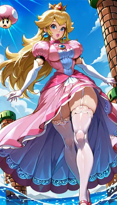 Ultra realistic 8k full HD., ((Princess Peach from “Super Mario Bros.”:1.8)), witchking00 artstyle, 19yo, golden hair, Wearing Princess Peach dress, cute face, blue eyes, hourglass body, massive bimbo tits, massive bimbo ass, fully clothed, frilly pink full length dress, long dress, white laced stockings, busty proportions, wide hips, thick body, bbw, thick thighs, huge bubble butt, detailed skin pores, Pose, standing in the water, torso arched, uberfit, muscular, athletic, princess, dress, <lora:uberfit_lora_sdxl:.8>, <lora:xl_princess_dress-2.0:.8>