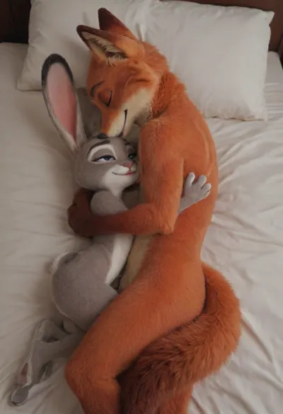 (Furry, Judy Hopps from "Zootopia":1.7), (Furry, Nick Wilde from "Zootopia":1.7), ((Disney)), sex, cuddling on the bed.
