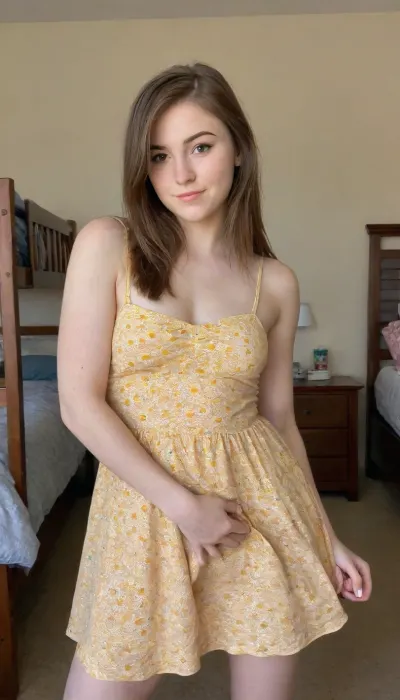 A portrait of a beautiful fit college co-ed with brunette hair. She has a lot of attitude and is sassy and spunky. She is standing in her college dorm room. She is wearing a cute little floral patterned sun-dress.