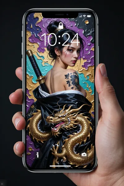 A photorealistic image of a hand holding a modern smartphone vertically—with a bezel and a notch at the top—against a solid black background. On the lock screen, (the smartphone displays the time 10:24), in large white font, with a lock icon centered at the top, along with signal, Wi-Fi, and battery indicators. The wallpaper features an artistic composition, a hyper-realistic young woman with porcelain skin, dark hair pulled back into a high, neat bun with a few stray strands, and a small gold earring, looking over her shoulder with a serious, piercing gaze. The upper part of her back is bare, and on her shoulder is a large black tattoo in the shape of a flower with leaves. A shiny black silk garment resembling a kimono falls from her shoulders, revealing a white undershirt. Behind her back, the black, braided hilt of a Japanese katana sword with gold elements on the tsuba is visible, the blade in its sheath extends beneath the girl’s kimono, as if she were hiding the sword under her clothes. At the bottom of the composition, her body is wrapped by a huge, intricately detailed golden oriental dragon with embossed scales, long whiskers, horns, sharp fangs, a red tongue, and powerful claws. The wallpaper background features a rich, three-dimensional oil painting texture created using the impasto technique, dynamic swirls and brushstrokes of purple, gold, turquoise-blue, and black paint, with metallic gold spatters, droplets, and highlights that create the effect of wet, fresh paint. Key combination, a photorealistic image of a girl against a picturesque oil-painting background. Flashlight and camera icons are visible at the bottom of the screen.