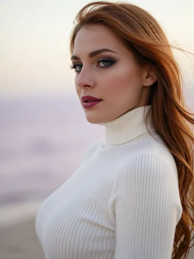 An intimate portrait of a beautiful woman with an ethereal, soft-focus aesthetic, defined by diffused light. She wears a snug luxurious ivory white turtleneck sweater flatteringly hugging her slender waist.

Long feathery eyelashes with thick winged eyeliner frame her deep green eyes.
Her dark smokey eye shadow matches the rich purple hues of the deep sunset.
Her soft lips are a dark matte plum. She has high sharp elegant cheekbones and flawless radiant skin.
Her long luxurious redhead hair blows softly in the wind. Red lipstick The scene is enveloped in a powerful but diffused golden-hour glow which creates a luminous light bloom on her skin, dissolving sharp edges in an ethereal haze. The background is a very blurred, dreamlike pastoral pastel lavender-gray coastal sky, soft and bright. Soft focus on her eyes.
The overall mood is an serene contemplation. Shallow depth of field, subtle film grain, light leaks, vintage analog lens. This is a high-key photograph.
The subject is anchored to the right side of the image, using the rule-of-thirds compositional technique.
The image captures extreme realistic details including sharp limbal rings and fine vellus hairs.