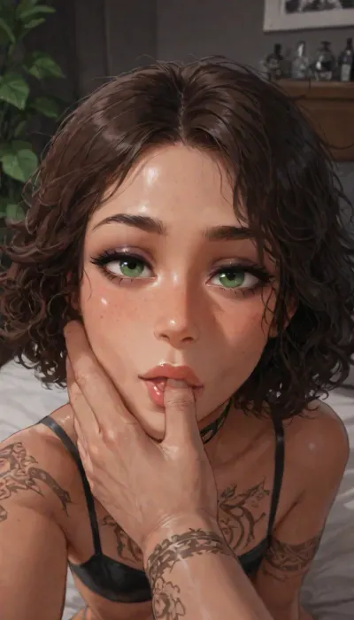 (score_9, score_8_up, score_7_up, score_6_up, source_anime, masterpiece), 1 femboy, solo, curvy, flat chest, perfect face, ((very dark skin, ebony, dark brown hair, curly hair, portrait focus, closeup face)), beautiful green eyes, eyelashes, eyeshadow, large ass, erect-futa, erect-penis, femboy, testicles, erection, hourglass figure, lusty, piercings, curly hair, gorgeous face, goth makeup, (Tattoos:1.5), choker, goth clothing, very dark pose, slutty top, Inside, detailed bedroom, detailed background, decorations, modern interior, posters, bed, plants, dark walls, seductive, goth, cocky, flirty, hands on face, tongue out, Close up, dynamic angle, closeup, pov viewers hand, pov brown hand on femboy face, hand on cheek, femboy sucking viewers thumb, pov viewers large hand, pov masculine brown hand on femboy face and sucking thumb in his mouth, perfect anatomy, insane details, intricate details, hyperdetailed, hyper quality, ultra detailed, professional, HDR, ray tracing reflection, highlydetailedbody, realisticface, highlydetailedhair, insanelydetailed, 8K.highdetailedskin, highresolution, perfectfingers, (j_cartoon:1.5), Drawing, supermodel, face, big, lips, uberfit, muscular, athletic, xlsanaa, <lora:xlsanaa woman:1>, incase style, (Cartoony), incase, style, <lora:SDXL_oral_v1-000009:1>, <lora:bimboxl_02:.5>, <lora:Incase_Style__SDXL:.4>, ac_neg1