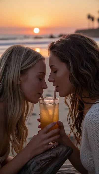 A spontaneous, intimate candid shot taken with an 85mm f/1.4 lens on 35mm color film. Natural late-day lighting features the golden, low-angle glow of the setting sun.

On a California beach at dusk, two naturally beautiful 24-year-old female friends sit facing each other. One has long blonde hair catching the evening's golden highlights, the other has thick, wavy brown hair.
They lean toward one another over a small driftwood table, sharing a tropical cocktail from a large amber-glass tumbler, each sips through a straw dipping into the glass. The straws are slightly angled near their faces to fit naturally into their mouths. Their faces are very close, their gazes locked with intense intimacy, tender smiles, and sincere love. The blonde woman wears a simple, elegant summer outfit, while the brunette wears a fine-knit top with a style that is casual yet refined.

In the background, the beach stretches out gently with low waves and soft surf. The sky is ablaze with a gradient of warm hues—ranging from amber-orange to dusty pink—as the sun hangs low on the horizon, poised to dip into the sea, the sunset is both magnificent and romantic. Faint silhouettes of palm trees are visible in the distance. Subsurface skin scattering, ultra-detailed epidermal texture with visible pores and natural micro-relief, subtle expression lines at the corners of the eyes, tiny condensation droplets on the cocktail glass, high micro-contrast, raw color balance, absolute optical sharpness on faces, very soft background blur, (bokeh), .