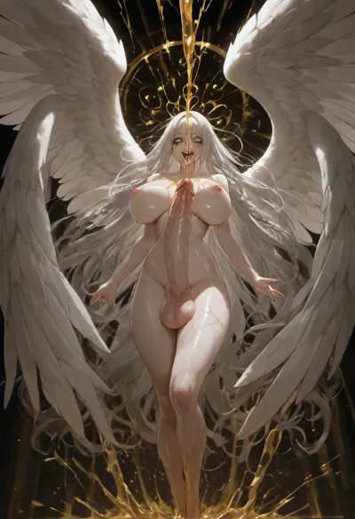 Futanari, very tall, muscular, huge boobs, pale white skin, sliver grey hair, very long hair, thick braid, huge cock, floating in air, golden liquid spraying, legs turn into wings, golden liquid over naked women, white wings, multiple eyes opening on face, creepy laughing