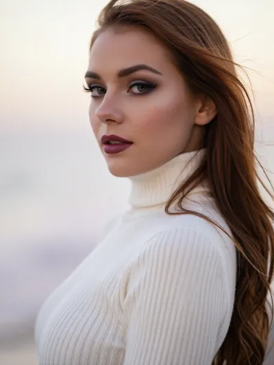 An intimate portrait of a beautiful woman with an ethereal, soft-focus aesthetic, defined by diffused light. She wears a snug luxurious ivory white turtleneck sweater flatteringly hugging her slender waist.

Long feathery eyelashes with thick winged eyeliner frame her deep green eyes.
Her dark smokey eye shadow matches the rich purple hues of the deep sunset.
Her soft lips are a dark matte plum. She has high sharp elegant cheekbones and flawless radiant skin.
Her long luxurious redhead hair blows softly in the wind. Red lipstick The scene is enveloped in a powerful but diffused golden-hour glow which creates a luminous light bloom on her skin, dissolving sharp edges in an ethereal haze. The background is a very blurred, dreamlike pastoral pastel lavender-gray coastal sky, soft and bright. Soft focus on her eyes.
The overall mood is an serene contemplation. Shallow depth of field, subtle film grain, light leaks, vintage analog lens. This is a high-key photograph.
The subject is anchored to the right side of the image, using the rule-of-thirds compositional technique.
The image captures extreme realistic details including sharp limbal rings and fine vellus hairs.