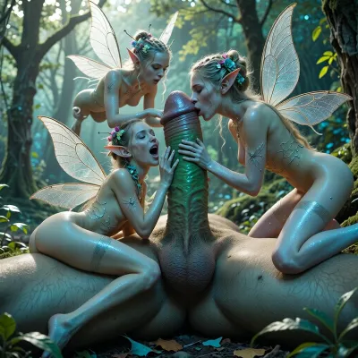 extérieur, forêt magique 3 fées et un géant, le géant fait 20 mètres de haut il est allongé sur le sol son pénis est dressé verticalement en érection les testicules ont aussi les mêmes proportions, des petites fées toutes nues avec des ailes de libellules dans le dos et des oreilles pointues elles ont le corps de sublimes femmes de 30 ans, elles s'appellent ana, ano et ani elles sont grandes comme des papillons elles sont adultes et mesurent 0.03 mètres de haut elles ont des coiffures très élaborées tressées avec des fleurs leur peau est légèrement bleue et scintillante leur corps brille légèrement d'une lumière magique. en bas de la photo ana est assise sur un des gros testicules du géant et à l'air de chanter à tue tête en riant, ano vole en faisant du surplace à mi-hauteur à côté à distance du pénis du géant elle a les mains jointes à coté de son visage et elle a un air émerveillé et radieux et attendri en riant et en regardant ce superbe pénis les yeux grands ouverts sans le toucher, en haut de l'image ani est de profil et elle s'approche de l'énorme gland du pénis du géant elle se penche en avant pour poser un doux baiser sur le gland elle a les yeux fermés les bras en arrière et les jambes pliées avec une attitude de pin-up, quelques étincelles et poudres magiques sont légèrement visibles autour des mouvements de leurs ailes, lumière diaphane et mystérieuse qui renforce l'ambiance féerique du lieu, le pénis du géant est énorme mais bien proportionné il prend tout le cadre de l'image