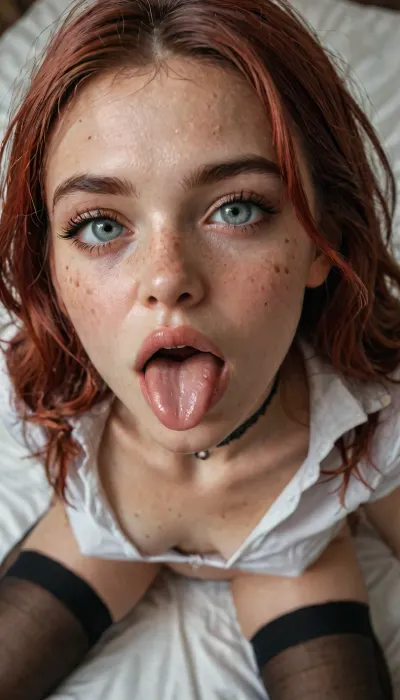 (Freckles:1.2), Close view, The choker, (Skinny girl), Black stockings, (red hair:1.3), sexy Russian girl, erect nipples, perfect body, (sexy open mouth:1.2), perfect pussy, school uniform, sexy pose, kneeling, (from above:1.2), (out her tongue:1.3), focus face, <lora:detailed_notrigger:1>, <lora:add-detail-xl:.8>, <lora:LCMTurboMix_Euler_A_fix:.8>