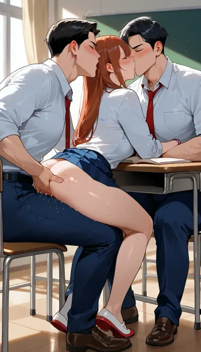 Girl and boys, sitting, studying, between two men.next to a man, classroom. Uniform, handsome man fingering her vaginal violently, medium ass, molesting her.another man kissing her. She is embarrassing, moaning, ., Side view . Full body view