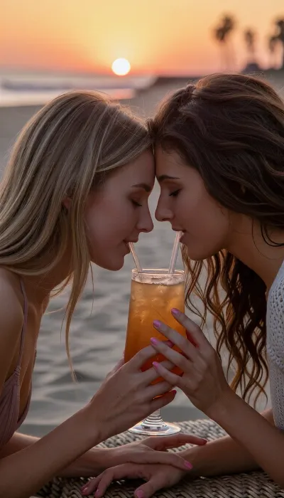 A spontaneous, intimate candid close-up shot from head to torso, taken with an 85mm f/1.4 lens on 35mm color film. Natural late-day lighting features the golden, low-angle glow of the setting sun.

On a California beach at dusk, two naturally beautiful 24-year-old female girlfriends sit facing each other. One has long blonde hair catching the evening's golden highlights, the other has thick, wavy brown hair.
They lean toward one another over a lovely woven table, sharing a tropical cocktail from a large amber-glass tumbler, each sips through a straw dipping into the glass. The straws may be slightly angled near their faces to fit naturally into their mouths. Their faces are very close, they have tender smiles, expressing sincere love. The blonde woman wears a swimsuit, while the brunette wears a fine-knit top with a style that is casual yet refined. They caress each other's hands in a gesture of great tenderness. Their nails are perfectly manicured and coated in a lovely pink polish.

In the background, the beach stretches out gently with low waves and soft surf. The sky is ablaze with a gradient of warm hues—ranging from amber-orange to dusty pink—as the sun hangs low on the horizon, poised to dip into the sea, the sunset is both magnificent and romantic. Faint silhouettes of palm trees are visible in the distance. Subsurface skin scattering, ultra-detailed epidermal texture with visible pores and natural micro-relief, subtle expression lines at the corners of the eyes, tiny condensation droplets on the cocktail glass, high micro-contrast, raw color balance, absolute optical sharpness on faces, very soft background blur, (bokeh), .