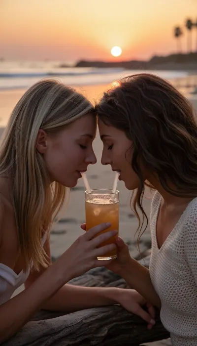 A spontaneous, intimate candid shot taken with an 85mm f/1.4 lens on 35mm color film. Natural late-day lighting features the golden, low-angle glow of the setting sun.

On a California beach at dusk, two naturally beautiful 24-year-old female friends sit facing each other. One has long blonde hair catching the evening's golden highlights, the other has thick, wavy brown hair.
They lean toward one another over a small driftwood table, sharing a tropical cocktail from a large amber-glass tumbler, each sips through a straw dipping into the glass. The straws are slightly angled near their faces to fit naturally into their mouths. Their faces are very close, they have tender smiles, expressing sincere love. The blonde woman wears a simple, elegant summer outfit, while the brunette wears a fine-knit top with a style that is casual yet refined.

In the background, the beach stretches out gently with low waves and soft surf. The sky is ablaze with a gradient of warm hues—ranging from amber-orange to dusty pink—as the sun hangs low on the horizon, poised to dip into the sea, the sunset is both magnificent and romantic. Faint silhouettes of palm trees are visible in the distance. Subsurface skin scattering, ultra-detailed epidermal texture with visible pores and natural micro-relief, subtle expression lines at the corners of the eyes, tiny condensation droplets on the cocktail glass, high micro-contrast, raw color balance, absolute optical sharpness on faces, very soft background blur, (bokeh), .