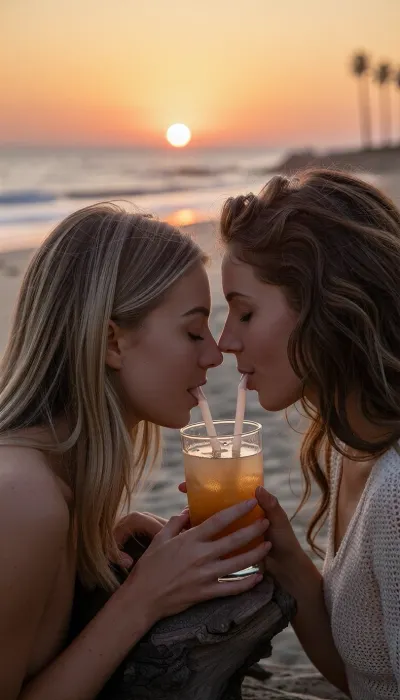A spontaneous, intimate candid shot taken with an 85mm f/1.4 lens on 35mm color film. Natural late-day lighting features the golden, low-angle glow of the setting sun.

On a California beach at dusk, two naturally beautiful 24-year-old female friends sit facing each other. One has long blonde hair catching the evening's golden highlights, the other has thick, wavy brown hair.
They lean toward one another over a small driftwood table, sharing a tropical cocktail from a large amber-glass tumbler, each sips through a straw dipping into the glass. The straws are slightly angled near their faces to fit naturally into their mouths. Their faces are very close, their gazes locked with intense intimacy, tender smiles, and sincere love. The blonde woman wears a simple, elegant summer outfit, while the brunette wears a fine-knit top with a style that is casual yet refined.

In the background, the beach stretches out gently with low waves and soft surf. The sky is ablaze with a gradient of warm hues—ranging from amber-orange to dusty pink—as the sun hangs low on the horizon, poised to dip into the sea, the sunset is both magnificent and romantic. Faint silhouettes of palm trees are visible in the distance. Subsurface skin scattering, ultra-detailed epidermal texture with visible pores and natural micro-relief, subtle expression lines at the corners of the eyes, tiny condensation droplets on the cocktail glass, high micro-contrast, raw color balance, absolute optical sharpness on faces, very soft background blur, (bokeh), .