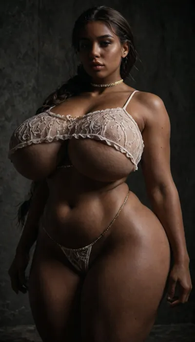 (Brown skinned model in thicc underboob Nightie crop top:1.5), (voluptuous thicc huge curvaceous body:1.3), ((long straight hair braid, massive mommy saggy out massive huge naturals)), (white sheer lace string blue thongs cameltoe:1), (((wide hips))), massive thighs, (((thicc belly chain waist:1.3))), <lora:dark:.2>, <lora:LCMTurboMix_Euler_A_fix:.8>