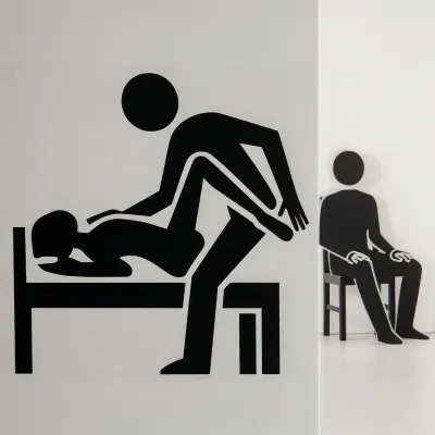 simple black silhouette stick figure style, a man is fucking a woman on a bed, next to them a wall, on the other side of the wall a man figure is sitting on a chair, clean white background, minimalist, clear shapes