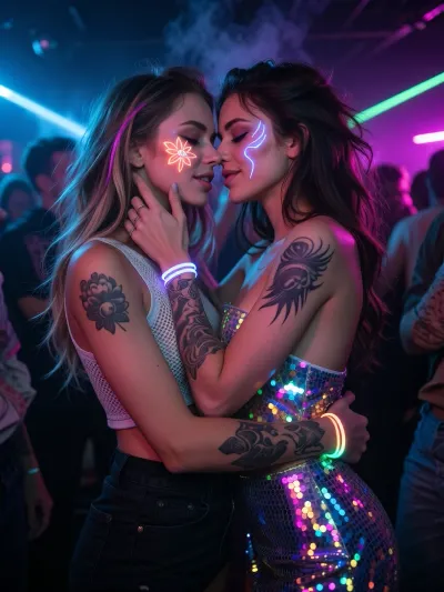 Ultra detailed depiction, professional photograph, realistic, perfect composition of lights, hard shadows, clear focus on the two women faces.
Two girlfriends sharing a joyful, electric moment together in the middle of a rave party.
They are arms in arms, cheek against cheek.
One has a hand that touches the other cheek. The other is holding her girlfriend at waist level. Their smiles are soft and knowing, lips slightly parted, eyes half-lidded, lingering on each other with a charged, intimate energy.
They have soft curved lines of nicely-glowing neon face paint across their cheeks and temples, catching the surrounding lights, one is flower-shape, the other is feather-shape. They have different kinds of wide tattoos visible on their shoulders and arms.
They have long, wild, tousled hair with a few colorful streaks catching the neon light.
One wears sleeveless fishnet crop top and high-waisted short. The other wears a sexy iridescent sequin dress in bright reflective fabric. They have small glow bracelets stacked on both wrists.
Around them, a dense crowd of dancers is blurred in motion, illuminated by sweeping colorful stage lights in electric blue, magenta, and green.
Beams of laser light cut through a light haze of stage smoke drifting through the air.
A sweep of magenta light washes brightly across one side of their faces, the opposite side settling into soft shadow, a beam of cool blue light catching the edge of their hair and shoulders, creating sharp rim lighting against the dark background.
Shallow depth of field, the crowd and lights softly blurred behind them