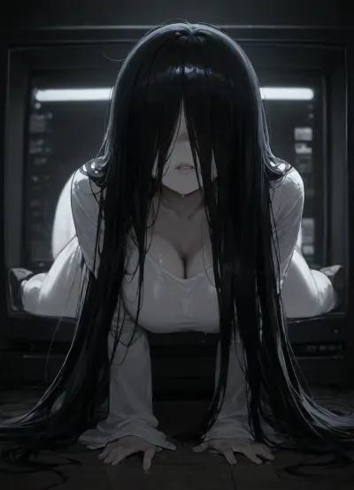 sadako, Her upper body is crawling out through the television screen, bend forward