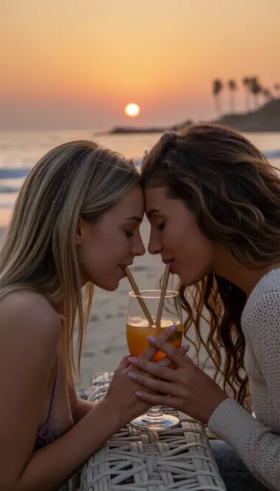 A spontaneous, intimate medium shot from head to torso, taken with an 85mm f/1.4 lens on 35mm color film. Natural late-day lighting features the golden, low-angle glow of the setting sun.

On a California beach at dusk, two naturally beautiful 24-year-old female girlfriends sit facing each other. One has long blonde hair catching the evening's golden highlights, the other has thick, wavy brown hair.
They lean toward one another over a lovely woven table, sharing a tropical cocktail from a large amber-glass tumbler, each sips through a straw dipping into the glass placed on the table. The straws fits naturally into their mouths. Their faces are very close, they have tender smiles, expressing sincere love. The blonde woman wears a swimsuit, while the brunette wears a fine-knit top with a style that is casual yet refined.

In the background, the beach stretches out gently with low waves and soft surf. The sky is ablaze with a gradient of warm hues—ranging from amber-orange to dusty pink—as the sun hangs low on the horizon, poised to dip into the sea, the sunset is both magnificent and romantic. Faint silhouettes of palm trees are visible in the distance. Subsurface skin scattering, ultra-detailed epidermal texture with visible pores and natural micro-relief, subtle expression lines at the corners of the eyes, tiny condensation droplets on the cocktail glass, high micro-contrast, raw color balance, absolute optical sharpness on faces, very soft background bokeh .