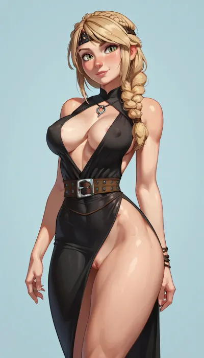 Astrid from how to train your dragon, 1girl, lean back, asymmetrical pose, big ass, wide hips, large breasts, long black slit dress with a deep neckline, no bra, cleavage, braless, erect nipples, pussy flash