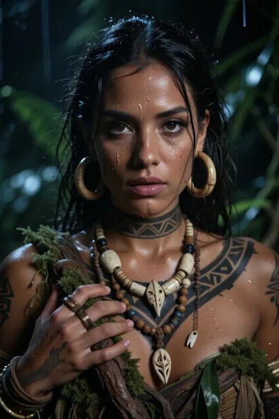 masterpiece photorealistic cinematic close portrait of a fictional jungle hunter, woman, 28 years old, unexpectedly encountered deep inside a primordial rainforest at night during a silent hunt, captured in a completely natural unposed instant as she suddenly freezes after hearing a faint sound and turns attentively toward the viewpoint, her face is the absolute visual center of the image, mesmerizing intense dark brown eyes, hypnotic instinctive gaze, extraordinary facial detail, razor sharp irises with visible radial fibers, microscopic reflections, wet tear lines, individually resolved eyelashes, extremely dark sun bronzed skin with breathtaking realistic texture, visible pores, goosebumps, fine wrinkles, tiny scars, sweat, jungle moisture, dust, dried mud and weathered natural patina, traditional hand tapped bamboo tattoos covering parts of her face, temples, jawline, neck, shoulders, collarbones and upper chest, intricate black geometric ritual patterns following the contours of her body, slightly faded and irregular beneath the skin, no cosmetic makeup, sculpted cheekbones, strong jawline, textured natural lips, partially shaved head with rough asymmetrical dark hair, tangled matted strands held together with tiny carved bone beads, bone rings and weathered bone fragments, spectacular handcrafted jewelry made entirely from bone, layered necklaces of polished and aged bone beads, carved discs, teeth shaped ornaments and small skeletal fragments, large stretched circular bone rings through both earlobes, every ornament showing microscopic scratches, cracks, dirt, age and handmade imperfections, minimally clothed in practical weathered jungle garments made from woven plant fibers and natural materials, dense tropical vegetation pressing closely around her, enormous quantities of humid fog and suspended mist surrounding her face, layered haze drifting through foreground leaves and darkness behind her, wet giant leaves, vines, moss, twisted roots and ancient tree trunks disappearing into blackness, nighttime jungle rendered with crushing deep blacks, ultra hard contrast, dramatic underexposure and dense shadow detail, subtle warm amber firelight barely penetrating the distant fog, cold green jungle ambience sculpting the shadow side of her face, razor thin rim light outlining individual hairs, bone ornaments and shoulders, glowing moisture particles suspended in the air, strong camouflage feeling as skin, tattoos, hair and jewelry visually merge with foliage, shadow and mist, foreground vegetation partially obscuring her shoulders and body as if she has been discovered accidentally through the leaves, intense cinematic tension, absolute stillness, primal beauty, silent danger, cinematic 85 mm portrait lens, extremely shallow depth of field, both eyes and facial skin tack sharp with microscopic precision, background dissolving into black atmospheric bokeh and dense fog, ultra high resolution, maximum realistic detail, extreme micro contrast