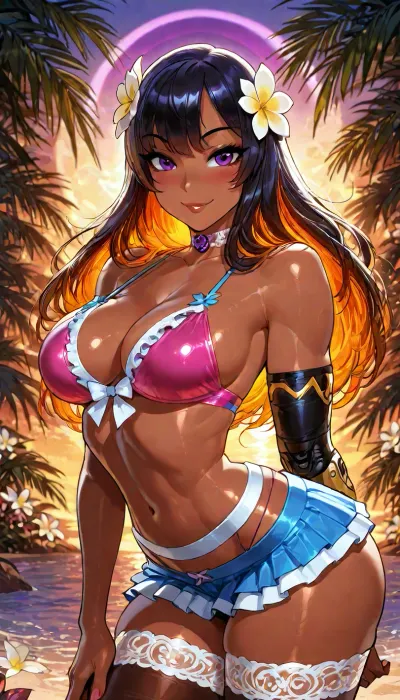 Francine is your petite lesbian girlfriend at a beach party. She has dark skin, dramatic deep orange sunset, reiq, Beautiful Filipina Asian woman meeting me tropical forest beach, petite woman, pink bikini top, high stockings under miniskirt, sexy sultry eyes with cute smile, ((strong lighting purple sun)), ((((beautiful eyes limbal portrait)))), flowers, plumeria, (cute short black hair with rainbow highlights), dynamic glamour pose action view, arched back pose, thick dark lips, dark eyes, pink blush, lace choker, <lora:Super_Eye_Detailer_By_Stable_Yogi_SDPD0:.5>, <lora:attractive_notrigger:1.7>, <lora:detailed_notrigger:1.6>, <lora:add-detail-xl:1.2>, <lora:LCMTurboMix_Euler_A_fix:1.2>