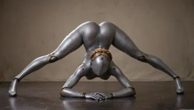 A twin from the game Atomic Heart, posing sexy, caressing her firm silicone breasts, muscular body, long legs, wide hips, athletic build, thin waist, tall, caressing herself, AtomicHeartTwinsCosplay, robot, joints, blond, hair, thighhighs, redstar, on, forehead, bodysuit, thigh, gap, large, breast, reflexion, woman, squat, Jack-O pose, <lora:bombshell_v2:.9>, <lora:AtomicHeartTwinsCosplay_SDXL:2>, <lora:Twins1024:2>, <lora:woman_squat_xl_lora-000031:1.2>
