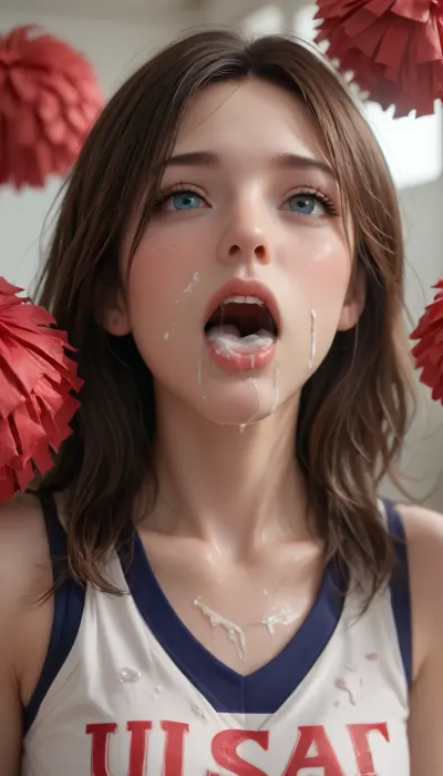 USC cheerleader covered in cum, bukkake, mouthful of cum, cum filled mouth