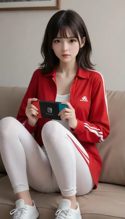 Cinematic, masterpiece, higher quality, natural lighting, soft shadows, 4k, kodak 36 mm, realistic, detailed skin, professional photo, A girl wearing a form-fitting red tracksuit with white stripes on the pants and white sneakers. She is sitting with her legs crossed. Her zippered jacket is half-unbuttoned. Her bare chest is visible beneath the jacket. She has straight black hair that reaches her shoulders. She is holding a Nintendo Switch console.