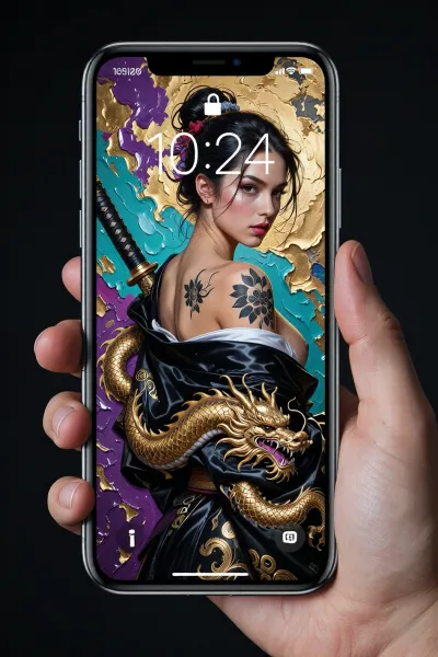 professional, high-quality advertising shot captured with a full-frame DSLR camera and an 85mm lens, (close-up), . At the center of the composition, a hand with impeccably rendered fingers confidently holds an elegant, modern smartphone against a solid dark background. The phone’s large, bezel-less screen glows, displaying a realistic lock screen interface, a clean status bar with sharp, authentic standard status indicators, (cellular signal, Wi-Fi, battery icons), and a perfectly formed digital clock showing "10, 24" in a standard crisp font, free of any extra text, gibberish letters, or widgets. The display features an artistic image—an original, award-winning masterpiece created using the premium alla prima, (impasto), technique, characterized by thick, expressive brushstrokes. The painting on the screen depicts a stunning Japanese female warrior looking back over her shoulder, revealing graceful Asian features, a piercing gaze, and an intricate black floral tattoo on her bare shoulder. She wears a luxurious black silk kimono adorned with a magnificent, highly detailed gold-thread dragon that appears to coil around her figure. The dark katana is properly slung across her back, secured by a traditional sash, its tsuka, (hilt), emerges naturally above her left shoulder, while the scabbard strictly follows the angle of her spine, passing underneath her clothing without clipping or intersecting with her skin. Thick, textured oil paint strokes—applied with a palette knife in vibrant hues like electric purple, acid turquoise, and liquid gold—cover the artistic background, creating a rich, tactile matte surface. The hand holding the device and the phone's metallic edges are in sharp focus, striking a balance between modern digital reality and the texture of the painted canvas.