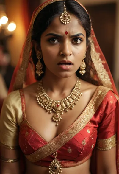 Furious, disgusted, (((sneering))), Beautiful Snarling angry Indian woman in traditional Indian wedding dress with a fat ass and toned body, snarling, cleavage, youthful petite, short, 5_foot_2_inches, <lora:MJ52:1.2>