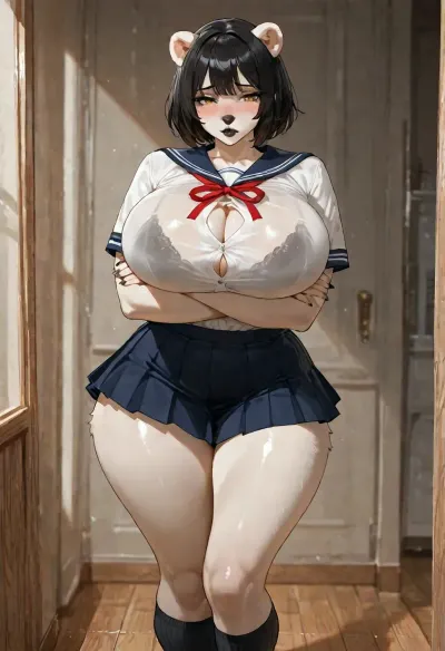 Masterpiece, high Quality, Best Quality, Beautiful Art, (anthro female, polar bear, anthrofied, ursine, black hair, Bob cut, firm taut spherical huge breasts, thick lips, glossy black lips), crossed arms, (wearing a sailor with collar ribbon and slouch socks, pleated school skirt, cleavage slip), (shy pose, black bra visible through clothing, front view), finger claws, (yellow eyes), busty figure, detailed eyes, beautiful composition, best shadows, intricate detail, intricate details, masterpiece, ultra-HD, (((furry art, anthro woman))), high detail, <lora:add-detail-xl:1.2>, <lora:LCMTurboMix_Euler_A_fix:.8>