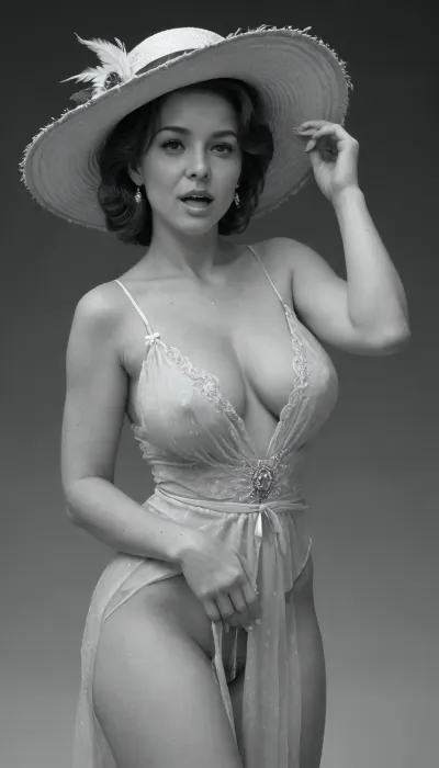 A scene set in the USA during the 1950s 45 years old, milf, roaring twenties luxurious transparent under chest dress and feather hat, Eating pussy, 1950 This is a detailed, monochrome pencil drawing in a classic illustration style, depicting a scene in the USA during the 1950s, beautiful, curvy, very busty MILF, (approx. 40 years old), with brown hair