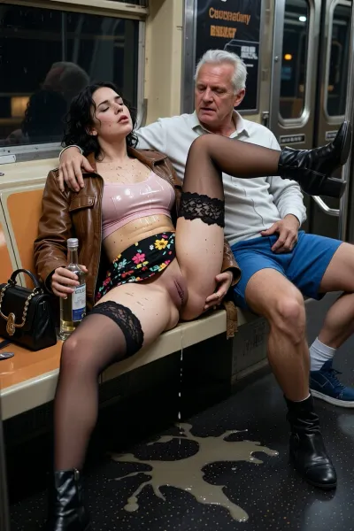 In an almost empty, realistically depicted New York subway car, an old man is fucking deep a drunk, asleep, young woman.
The young woman, a bitt chubby, sits asleep on a seat, (drunk), with her, ((head tilted back)), her legs spread wide open, on legs lifter up, arms hanging limply, she has black weavy hair, small natural saggy boobs, pale skin covered by moles all over the body, freckles on the inside of her thighs.
She is wearing a brown 70's leather jacket, a short miniskirt with 70's flower pattern, black semi transparent stockings and garter, a tight-fitting semi transparent pale pink crop top, a hairy black pussy, a pair of high leather boots in the same colour as her jacket. We can see an empty bottle of vodka in her hand and her fency hand bag next to her on her seat. Her lace black panty is lying on her hankle.
Her chin, chest and crop top, are covered in vomit and she wet herself. You can see a puddle of, (((transparent vodka))), on her seat and on the ground, spilling out from between her thighs and wetting her panties, very realistic liquid.
She has been dancing all night, her body is sweaty, her hair is matted, and her clothes are somewhat disheveled. Sitting next to her is a, (very old), white man, ((85 years old)), (fat 1:5), fucking her, he is wearing an old white shirt and a pair of 70s-style electric blue sports shorts, his hard cock is out of his shorts, (his dick visible), with one hand he lift up the woman's left leg high, while he is positioned behind her, ((((thrusting deeply into her pussy with his cock)))), . He holds her raised leg with and pulls it up towards her chest for, (((deeper penetration))), as he fucks her with strong strokes, (((deep pussy penetration))), he looks to the left of the frame to see if people are coming. He looks tense and mischivious.