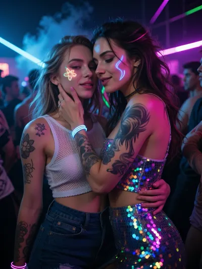 Ultra detailed depiction, professional photograph, realistic, perfect composition of lights, hard shadows, clear focus on the two women faces.
Two girlfriends sharing a joyful, electric moment together in the middle of a rave party.
They are arms in arms, cheek against cheek.
One has a hand that touches the other cheek. The other is holding her girlfriend at waist level. Their smiles are soft and knowing, lips slightly parted, eyes half-lidded, lingering on each other with a charged, intimate energy.
They have soft curved lines of nicely-glowing neon face paint across their cheeks and temples, catching the surrounding lights, one is flower-shape, the other is feather-shape. They have different kinds of wide tattoos visible on their shoulders and arms.
They have long, wild, tousled hair with a few colorful streaks catching the neon light.
One wears sleeveless fishnet crop top and high-waisted short. The other wears a sexy iridescent sequin dress in bright reflective fabric. They have small glow bracelets stacked on both wrists.
Around them, a dense crowd of dancers is blurred in motion, illuminated by sweeping colorful stage lights in electric blue, magenta, and green.
Beams of laser light cut through a light haze of stage smoke drifting through the air.
A sweep of magenta light washes brightly across one side of their faces, the opposite side settling into soft shadow, a beam of cool blue light catching the edge of their hair and shoulders, creating sharp rim lighting against the dark background.
Shallow depth of field, the crowd and lights softly blurred behind them