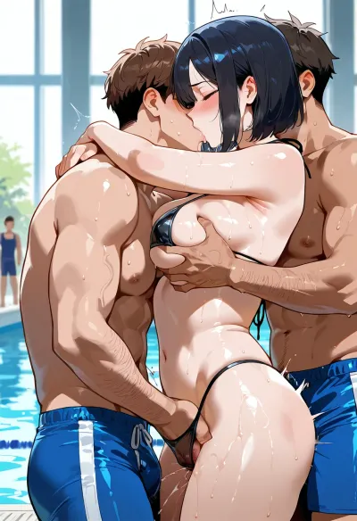 Girl and boys, pool, sandwiched between two men., men in shorts .Transparent top, medium breasts, micro bikini, horny men fingering her vaginal violently, passionately, molesting her.cuddling her.sucking her tits. Groping her breast.one breast exposed.smile, orgasm face, She is embarrassing, fleeing, escaping, horny. Black hair., (hairy pussy:1.1), ., (Side view:1.1)