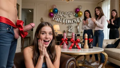 appartement, dans un salon chic parisien une jeune femme fête ses 21 ans, portraits réalistes, lumière douce, visage net, détails naturels, peau propre, parfois des taches de rousseur, yeux bien définis, une jeune femme 21 ans qui s'appelle Ana, face à la caméra innocente, timide elle est assise dans un fauteuil en cuir ana a les mains jointes doigts croisés près de son visage la bouche grande ouverte de surprise et souriante elle a les yeux écarquillés et tournés vers la bite d'un homme de profil jeans baissé il a son pénis sorti en érection avec un ruban rouge lacé en gros noeud autour des testicules en guise de cadeau une amie est assise à coté d'elle, elle se recoiffe d'une main et caresse la cuisse d'ana de l'autre, sur la table basse devant elles d'autres godemichets en forme de bite de tailles et de couleurs variées avec un nœud rouge lacé autour sont posés verticalement sur la table, 3 jeunes femmes se tiennent à coté du fauteuil debout en train d'applaudir en riant et en félicitant la jeune femme pour son anniversaire, Ana tourne les yeux vers ses copines debout elle les regarde en riant, une guirlande de ballons derrière elle avec les lettres " HAPPY BIRTHDAYY 21" sont fixées au plafond