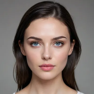 face shape and proportions, oval-to-softly angular face, relatively broad upper forehead, gently tapered jawline, softly rounded chin, high but subtle cheekbones, straight narrow nose with a softly rounded tip, naturally full lips with a defined cupid’s bow, and balanced facial symmetry. Preserve the precise relative placement and proportions of the eyes, eyebrows, nose, mouth, cheekbones, jaw, and chin. She has pale fair skin with a natural neutral-cool undertone, vivid light blue-gray eyes, dark nearly black hair parted precisely at the center, naturally wavy/loosely tousled hair framing both sides of the face, dark softly arched eyebrows, and naturally long eyelashes. Keep the eyes at the same size, spacing, angle, and height relative to the nose, keep the nose and mouth at the same scale and vertical positions, preserve the distinctive contour of the jaw and chin. Natural skin texture with visible pores and subtle imperfections, realistic fine facial hairs, restrained makeup, muted rose-red lips. Neutral calm expression, looking directly into the camera. Head straight and centered, eye-level camera, tight head-and-shoulders framing, 85mm portrait-lens perspective, soft diffuse frontal lighting, shallow but natural depth of field, understated indoor background, realistic photographic color grading, extremely detailed skin and hair, no facial reshaping, no exaggeration, no stylization.