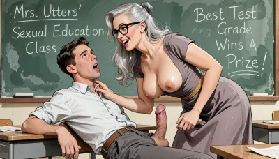 This is a hand painted image in a classical watercolor painting style depicts a sex scene set in 1950s in USA, ((set in a class room, a sexy smiling skinny fancy and gorgeous woman with long beautiful gray hair pinned to the side, wearing eyeglasses, she is a very old beautiful lady, very sexy 65yo MILF teacher in a dress is directly behind a male student wearing shirt and pants is sitting at a desk with his dick sticking out of his pants. The teacher is leaning over him with her big heavy saggy breasts hanging out of her dress, and she is reaching over and holding his cock with her hand to stroke it, as he looks very shocked. Her tits have tan lines. In the background on the chalkboard reads "Mrs. Utters' Sexual Education Class" and "Best Test Grade Wins a Prize!")), the overall mood is very intense, rendered in very expressive thick line work and subtle shading, evoking the style of 1950s satirical Painted image. Vintage cartoon style image.