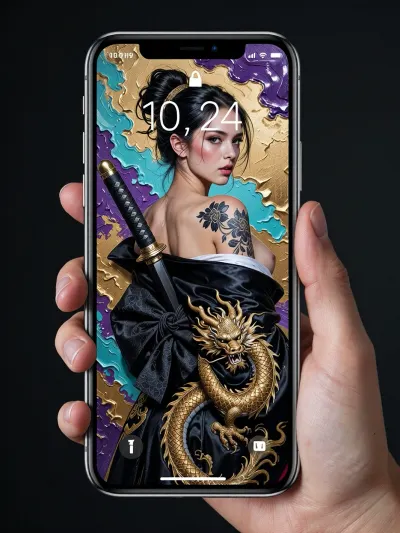 professional, high-quality advertising shot captured with a full-frame DSLR camera and an 85mm lens, (close-up), . At the center of the composition, a hand with impeccably rendered fingers confidently holds an elegant, modern smartphone against a solid dark background. The phone’s large, bezel-less screen glows, displaying a realistic lock screen interface, a clean status bar with sharp, authentic standard status indicators, (cellular signal, Wi-Fi, battery icons), and a perfectly formed digital clock showing "10, 24" in a standard crisp font, free of any extra text, gibberish letters, or widgets. The display features an artistic image—an original, award-winning masterpiece created using the premium alla prima, (impasto), technique, characterized by thick, expressive brushstrokes. The painting on the screen depicts a stunning Japanese female warrior looking back over her shoulder, revealing graceful Asian features, a piercing gaze, and an intricate black floral tattoo on her bare shoulder. She wears a luxurious black silk kimono adorned with a magnificent, highly detailed gold-thread dragon that appears to coil around her figure. The dark katana is properly slung across her back, secured by a traditional sash, its tsuka, (hilt), emerges naturally above her left shoulder, while the scabbard strictly follows the angle of her spine, passing underneath her clothing without clipping or intersecting with her skin. Thick, textured oil paint strokes—applied with a palette knife in vibrant hues like electric purple, acid turquoise, and liquid gold—cover the artistic background, creating a rich, tactile matte surface. The hand holding the device and the phone's metallic edges are in sharp focus, striking a balance between modern digital reality and the texture of the painted canvas.
