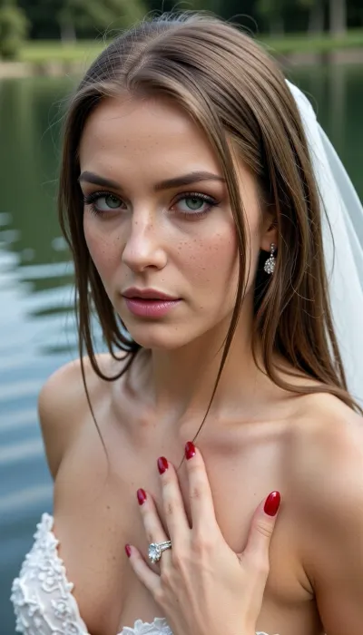 Naked wet bride in lake.A 28-year-old, elegant, fair-skinned woman, a very beautiful woman, pale pink lips, long eyelashes, dark eye makeup, an intense gaze, a sexy expression, very fair complexion, a fit body, ultra HD, large eyes, subtle makeup, glossy red nails, porcelain-white skin, full lips, a slender and fit body, medium-length straight light brown hair, sharp facial features and jawline, sparkling green eyes, a large diamond wedding band, freckles, realistic facial features.